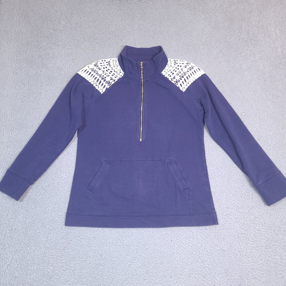 Lilly Pulitzer Popover Womens Medium Navy Blue Half Zip Sweatshirt Crochet